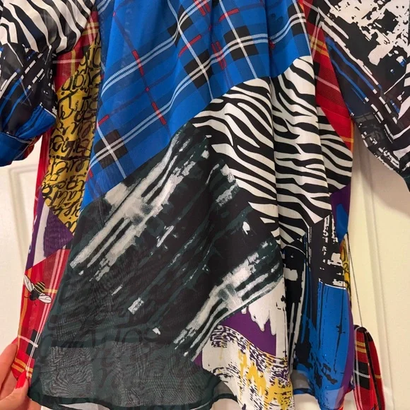 New York & Company Vibrant Red and Blue Patterned Blouse - Picture 3 of 6